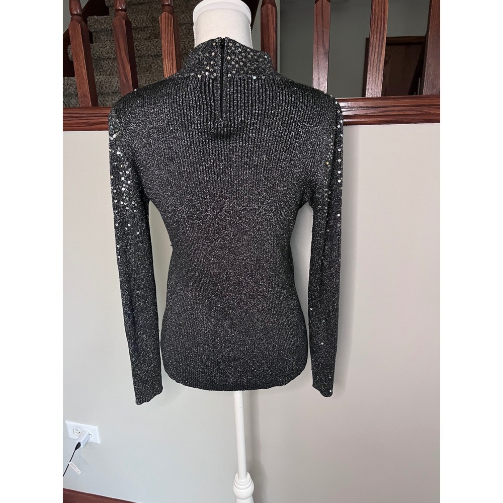 Once 1 Again Womens Metallic Sequin Mock Neck Long Sleeve Top Silver Black M